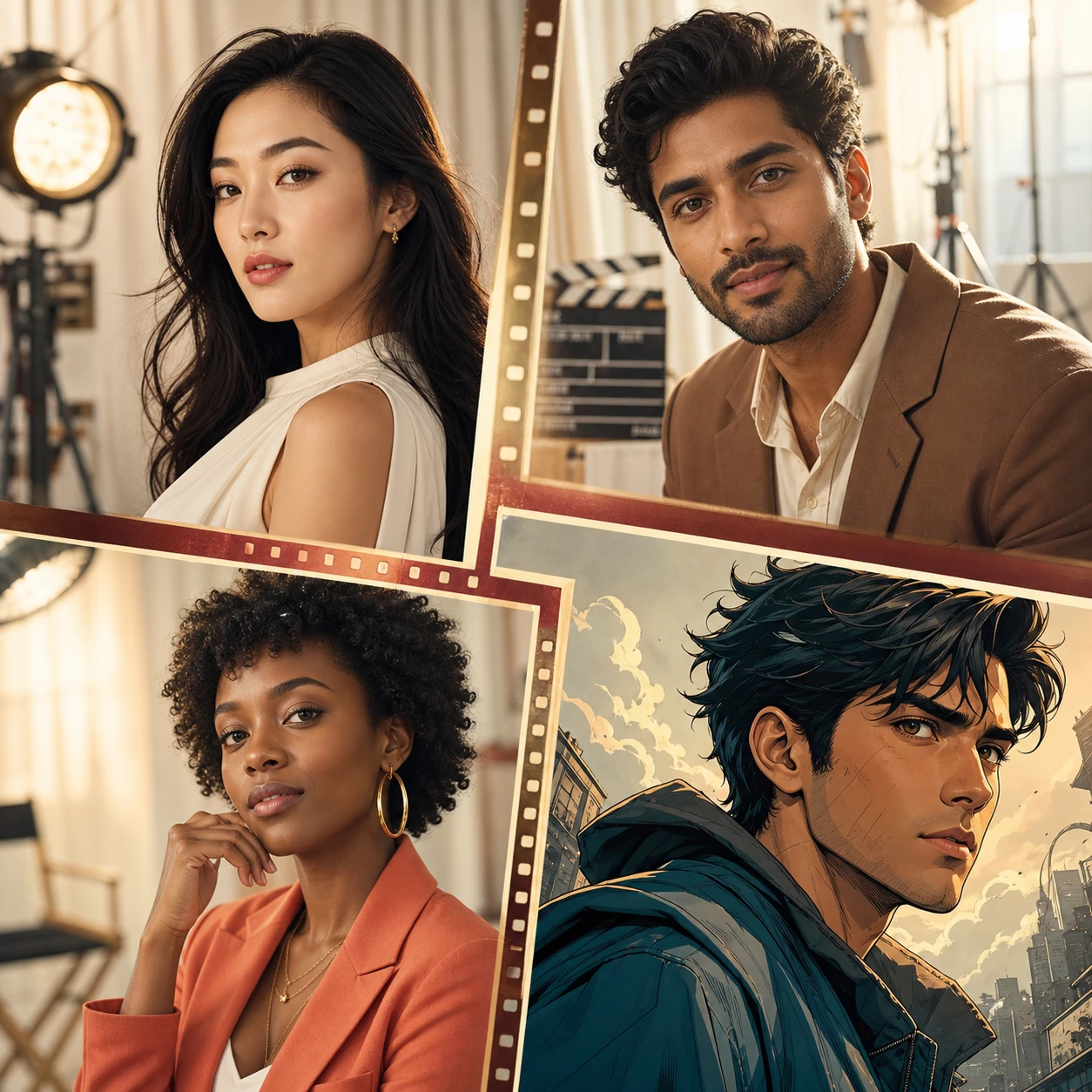 Fictional actors, creators and a motion-comic character in a cinematic casting collage